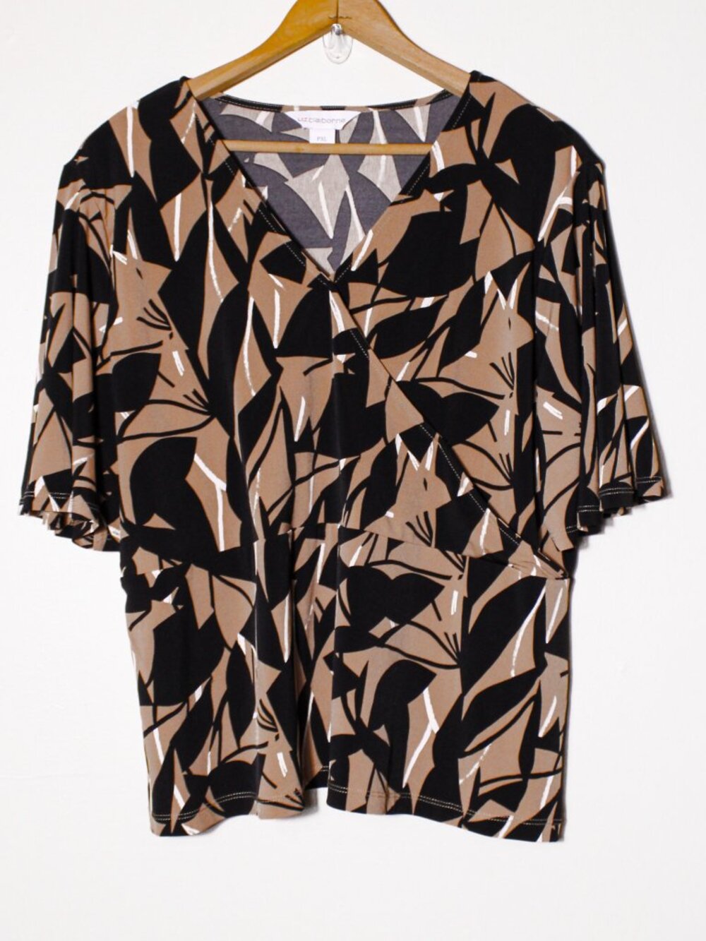 Liz Claiborne Faux Wrap Flutter Sleeve Top Abstract Print Stretch BrownBlack PXL